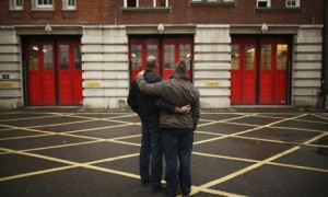 Firemen mourn the closure of Clerkenwell fire station, after finishing their last-ever shift there.
